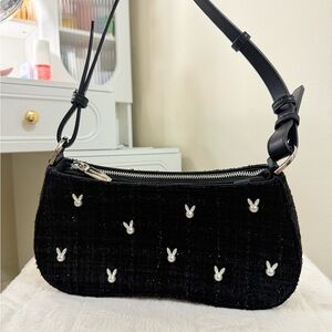 Charles & Keith Black Tweed Shoulder Bag with Pearl Details